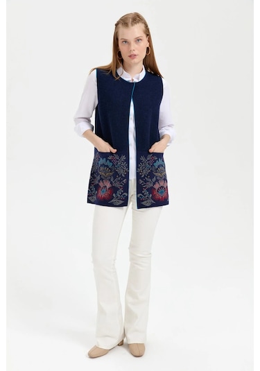 Desen Triko Kadın Triko Önü Açık Araboy Yün Yelek 24076 Y.a. Lacivert Y.a. Lacivert