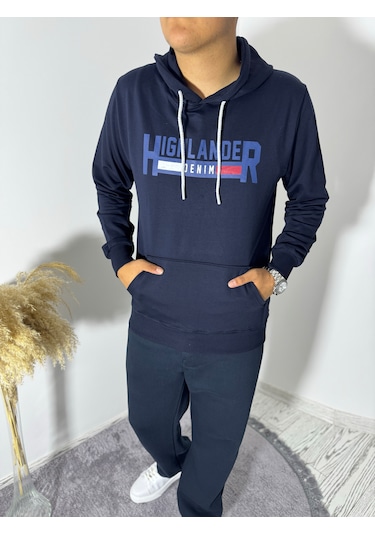 Say-Has Fashion Kapüşonlu Göğüs Baskılı Sweatshirt Lacivert