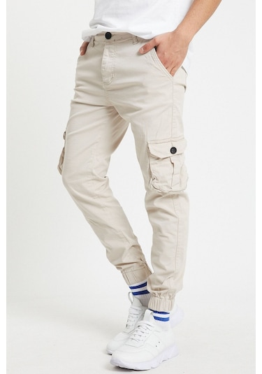 Slim Fit Körüklü Cep Paça Lastikli Esnek Kumaş Erkek Kargo Pantolon Bej