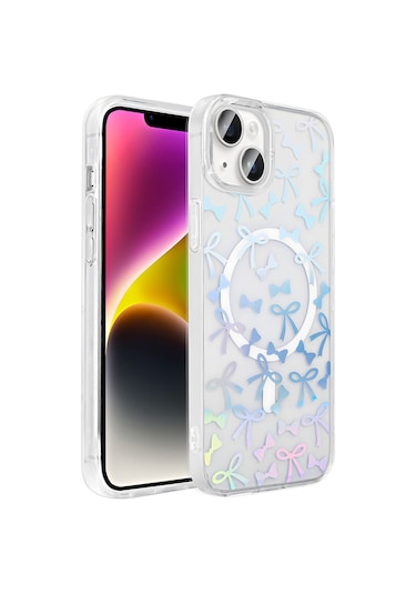 Apple Uyumlu iPhone 14 Kılıf M-safe Şarj Özellikli Şeffaf Mkst Folk Sert Kapak - Papatya Beyaz