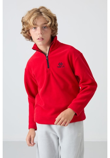Tommy Life Kırmızı Kalın Yumuşak Dokulu Standart Fit Nakışlı Polar Erkek Çocuk Sweatshirt - 11221 Kırmızı