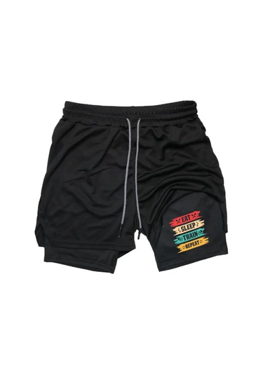 Hızlı Kuruyan 2in1 Yetişkin Unisex Eat Sleep Train Repeat Baskılı Taytlı Şort Fitness Gym Antrenman Siyah