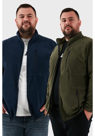Buratti Regular Fit Dik Yaka Fermuarlı Büyük Beden 2'Li Paket Polar Erkek Hırka 5906028Bs2 Haki-Lacivert