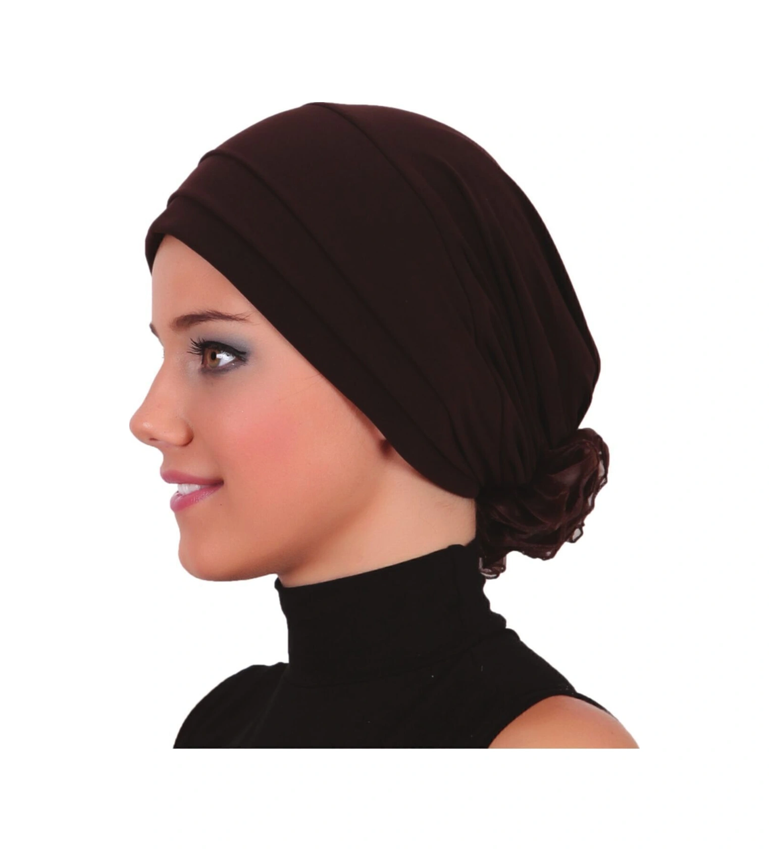 Katlı Arkası Organze Güllü Kahve Hazır Türban Tesettür Bone Kahve