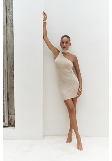 Budah Asimetrik Triko Bej Mini Elbise Bej
