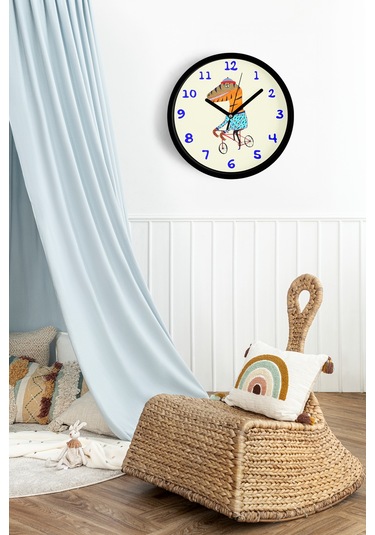 Bisiklet Süren Dinozor Çocuk Odası Duvar Saati - 30cm - Önü Camlı Siyah Kasa - Sessiz Mekanizma-jh1176 Siyah