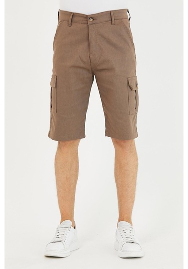 Erkek Kargo Yandan Cepli Esnek Kumaş Slim Fit Kapri Şort Açık Kahve Açık Kahverengi