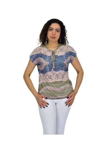 Kadın Kısa Kol Baskılı Bluz Bgl-st04694 VİZON