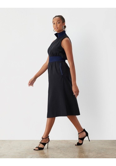 Kadın Dik Yaka Önü Fermuarlı Yırtmaçlı Baharlık Yazlık Beli Lastikli Şık Ceket Elbise Siyah