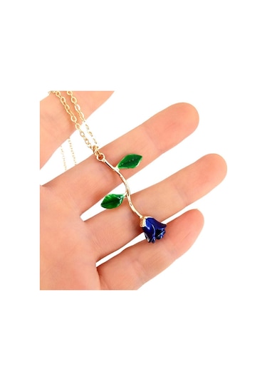 Saatcaddesi Yeşil Yapraklı Rose Zamak Gül Bayan Kolye