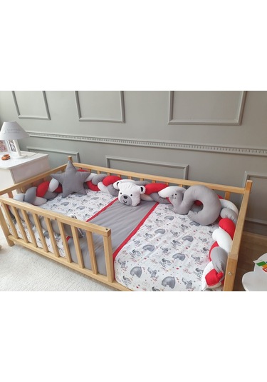 Montessori Beşik Uyku Seti - Örgü Kenar Gri Koruma