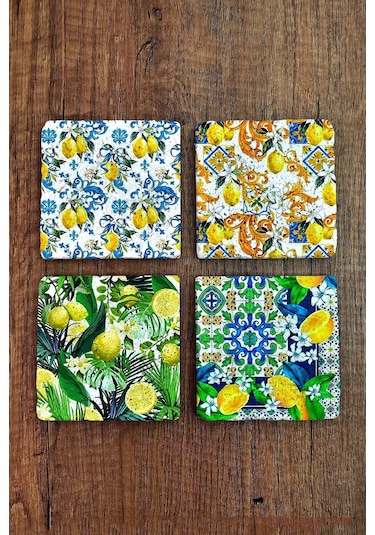 Doğaltaş Bardak Altlığı 4'lü Set -10x10x1 Cm Limon Desenler Baskılı - Stone Coasters Çok Renkli