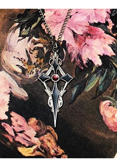 Gümüş Kaplama Siyah Ve Kırmızı Mineli Gotik Haç Kolye Çok REnkli