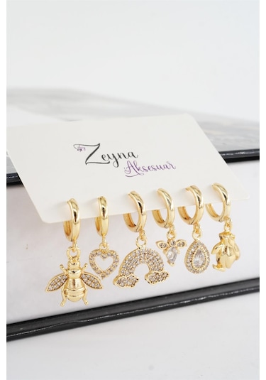 Kadın Vip Seri Zirkon Taşlı Karışık Figürlü 6'lı Küpe Seti Çok Renkli