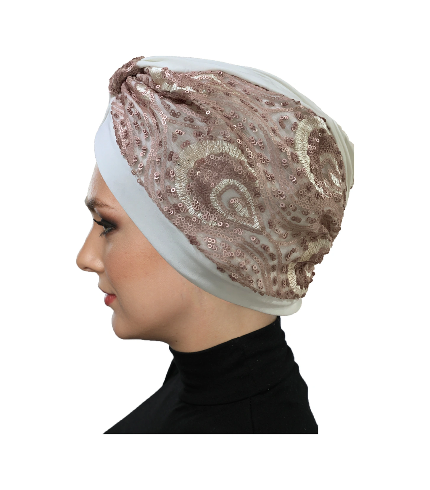 Özel Tasarım Ekru Üzeri Pudra Desenli Payetli Astarlı Hazır Türban Tesettür Abiye Bone Ekru2