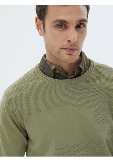 Açık Yeşil Bisiklet Yaka Jakarlı Yün Karışımlı Triko Kazak Açık Yeşil