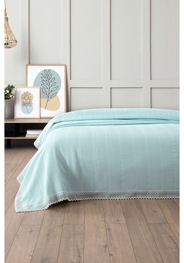 %100 Pamuk Çift Kişilik İki Renkli Kopanaki Dantelli Waffle Pike-210x230 Cm-bebe Mavisi Bebe Mavisi