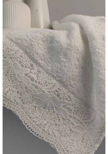 Gipür Dantelli Banyo Havlusu Takımı-%100 Pamuk Banyo Seti-gelin Havlusu Krem Krem