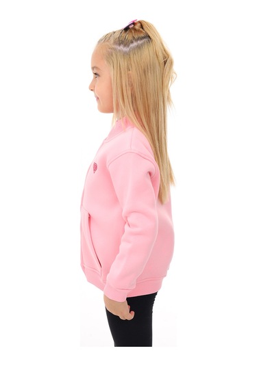 Toontoy Kız Çocuk Dik Yaka Fermuarlı Cepli Nakış Baskılı Örme Hırka - 2 İplik Şardonlu Pembe