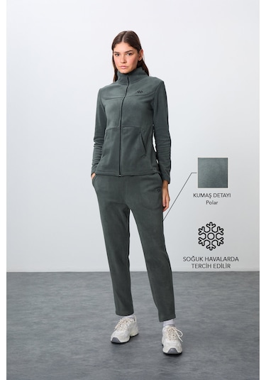 Tommy Life Haki Kalın Yumuşak Dokulu Dik Yaka Oversize Nakışlı Polar Kadın Eşofman Takım -95339 Haki