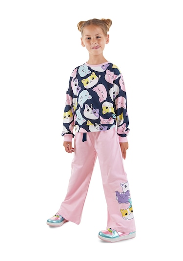 Denokids Sevimli Kediler Kız Çocuk Eşofman Takımı - Lacivert - Pembe