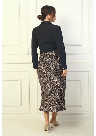 Beli Lastikli Leopar Desen Kloş Saten Etek-39127-kahve Kahve
