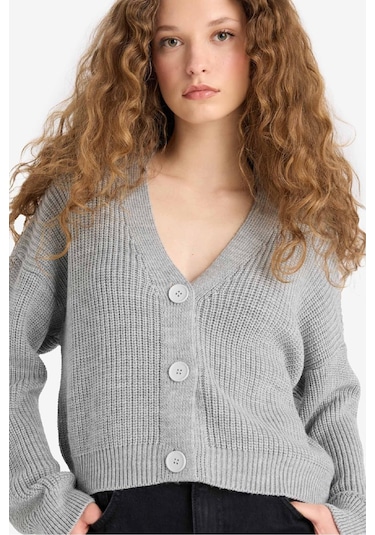 Defacto Regular Fit V Yaka Düğmeli Triko Hırka U2052az25wngr76 Gri