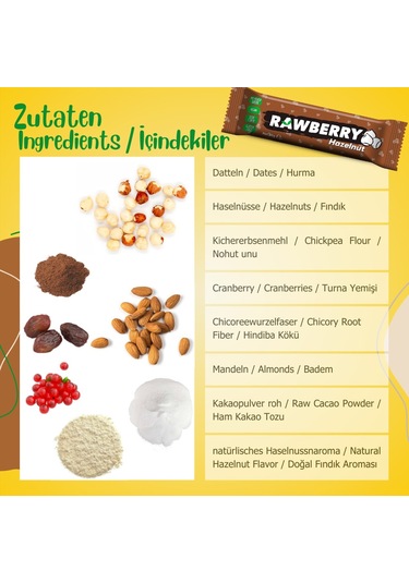 Rawberry Fındıklı Vegan Glutensiz Şeker İlavesiz Kuruyemiş Bar 15 x 33 G