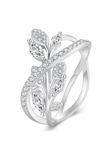 Bsr453-6 S925 Sterling Silver White Gold Plated Zircon Luxury Leaf Ring Çok Renkli