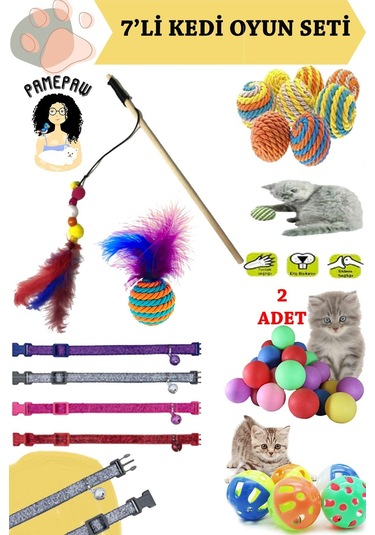 7'li Set : Kedi Tasması , Sarma Top , Olta , 2'li Mini Top , Çıngıraklı Top , Tüylü Top
