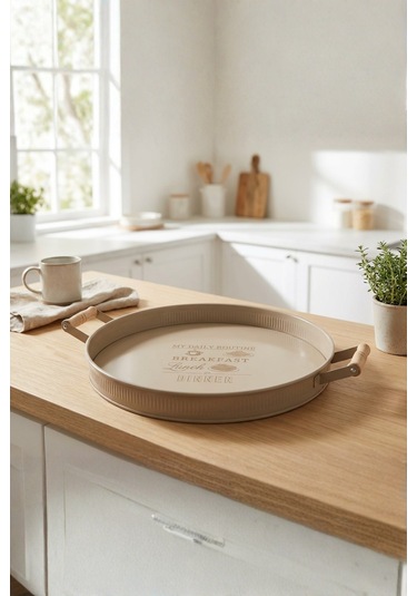 Ahşap Kulplu Yuvarlak Metal Servis Tepsisi 37 Cm Cappuccino