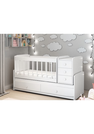 Patiko Furniture Ms 290 Beyaz Büyüyebilen Yataklı Beşik Beyaz