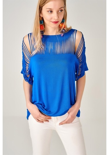 Kadın Lazer Kesim Saks Mavisi Bluz-Saks