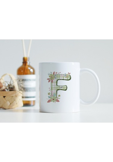 F Harfli Çiçek Desenli Kupa Bardak - Ekose Desenli Yeşil Pembe Desenli Tasarım - Kişiye Özel Hediye Beyaz