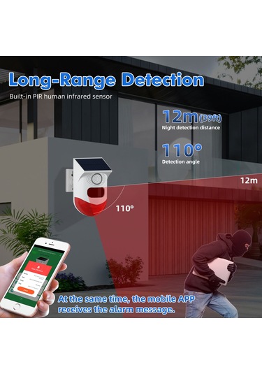 Mufunye Tuya Wifi Güneş Enerjili Kablosuz Kızılötesi Hareket Sensörü Dedektörü Strobe Siren 120db Alarm Su Geçirmez Pır Sensörü