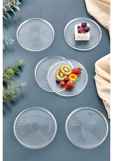 6 Lı Pasta Tabağı Seti - 6 Kişilik Lüks Cam Kek Pasta Takımı - Tatlı Tabağı 16cm