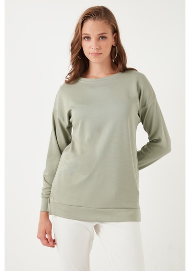 Lela Streç Oversize Fit Bisiklet Yaka Modal Kumaş Bayan Sweat 5865877 Olive