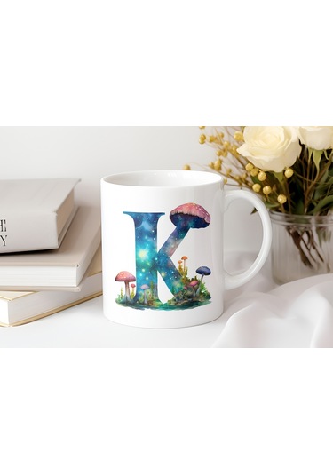 K Baş Harfi Fantastik Mantarlı Kupa Bardak - Kişiye Özel Masalsı Bardak - Hediye Beyaz