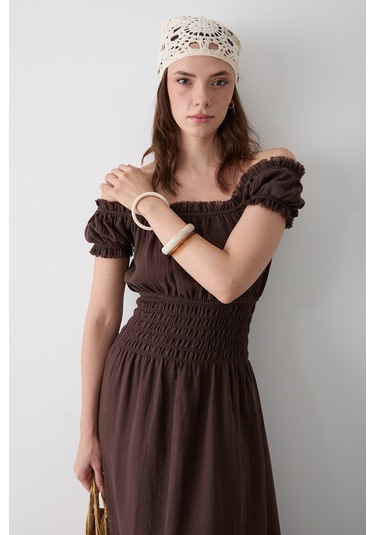 Kahverengi Büzgülü Elbise - 2002 Kahverengi