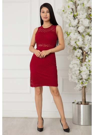 Kalopya Dantel Göbek Detay Kısa Elbise 13276 Bordo
