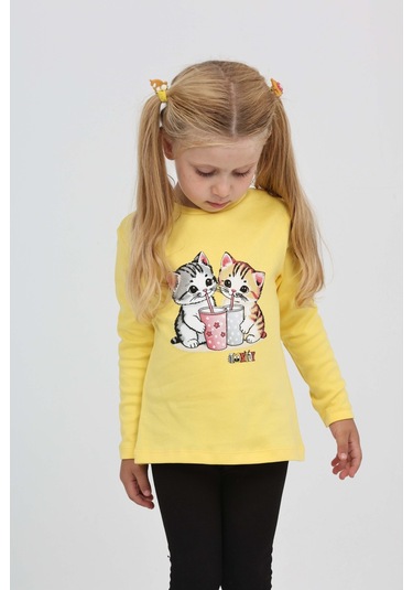 Toontoy Kız Çocuk İkili Kedi Baskılı Sweatshirt Açık Sarı