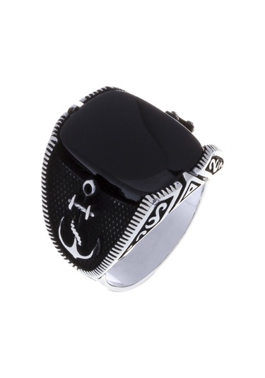 925 Ayar Gümüş Oniks Taşlı Çapa Detaylı Erkek Yüzük