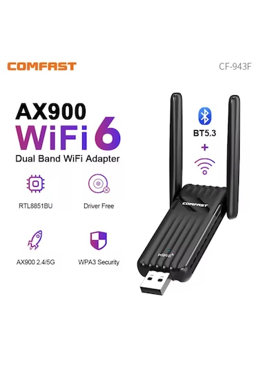 Comfast 943f Wifi+bluetooth Adaptör Çift Anten Yüksek Çekim 900mb