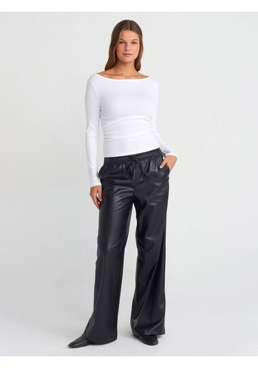 31401 Büzgülü Kayık Yaka Top-beyaz-870 Beyaz