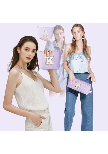 2 Parçalı Büyük Çizgili İlk Harfli Makyaj Çantası Seti - Şık Seyahat Tuvalet Çantası Ve Makyaj Düzenleyici, Makyaj Fırçaları İçin Sevimli Estetik Saklama Alanı, Kişiselleştirilmiş Hediyeler, Kadınlar İçin Kozmetik Çantası Mor B Mor-b