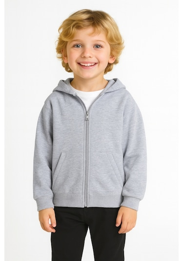 Kız - Erkek Çocuk Basic Fermuarlı Kalın 3 İplik Kışlık Okul Sweat Ak1815 Gri