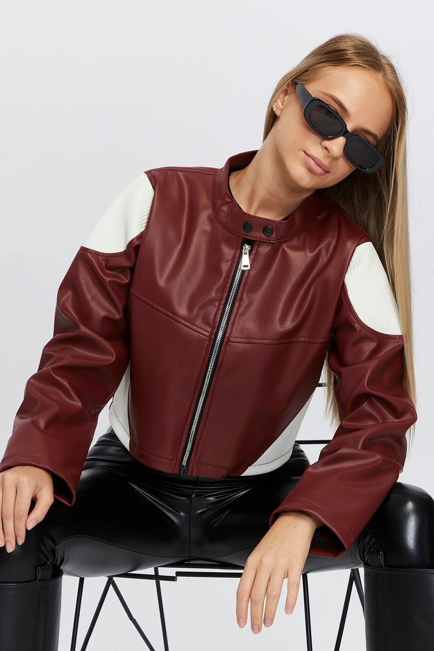 Kadın Oversize Fermuarlı Yaka Çıt Çıtlı Omuz Ve Etek Beyaz Desenli Kolej Yarışçı Ceket Motorcu Mont Kırmızı