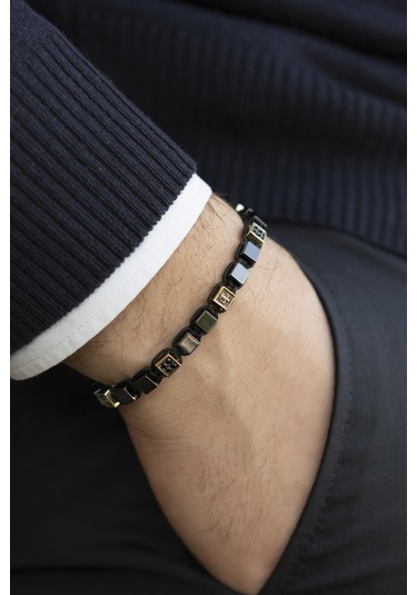 Seramik Ve 14 Ayar Altın Erkek Bilekliği N11.5088 Pembe Altın - Siyah