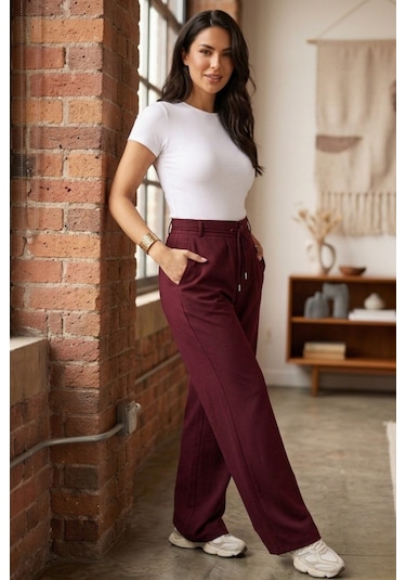 Thıff Kadın Modal Kumaş Bağcık Detaylı Beli Esnek Pantolon Bordo
