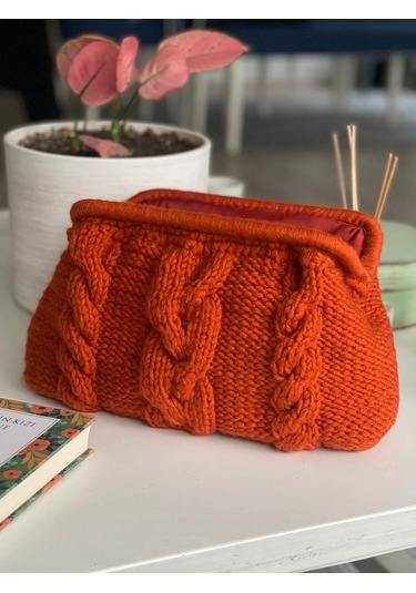 El Yapımı Turuncu Saç Örgü El Çantası Turuncu